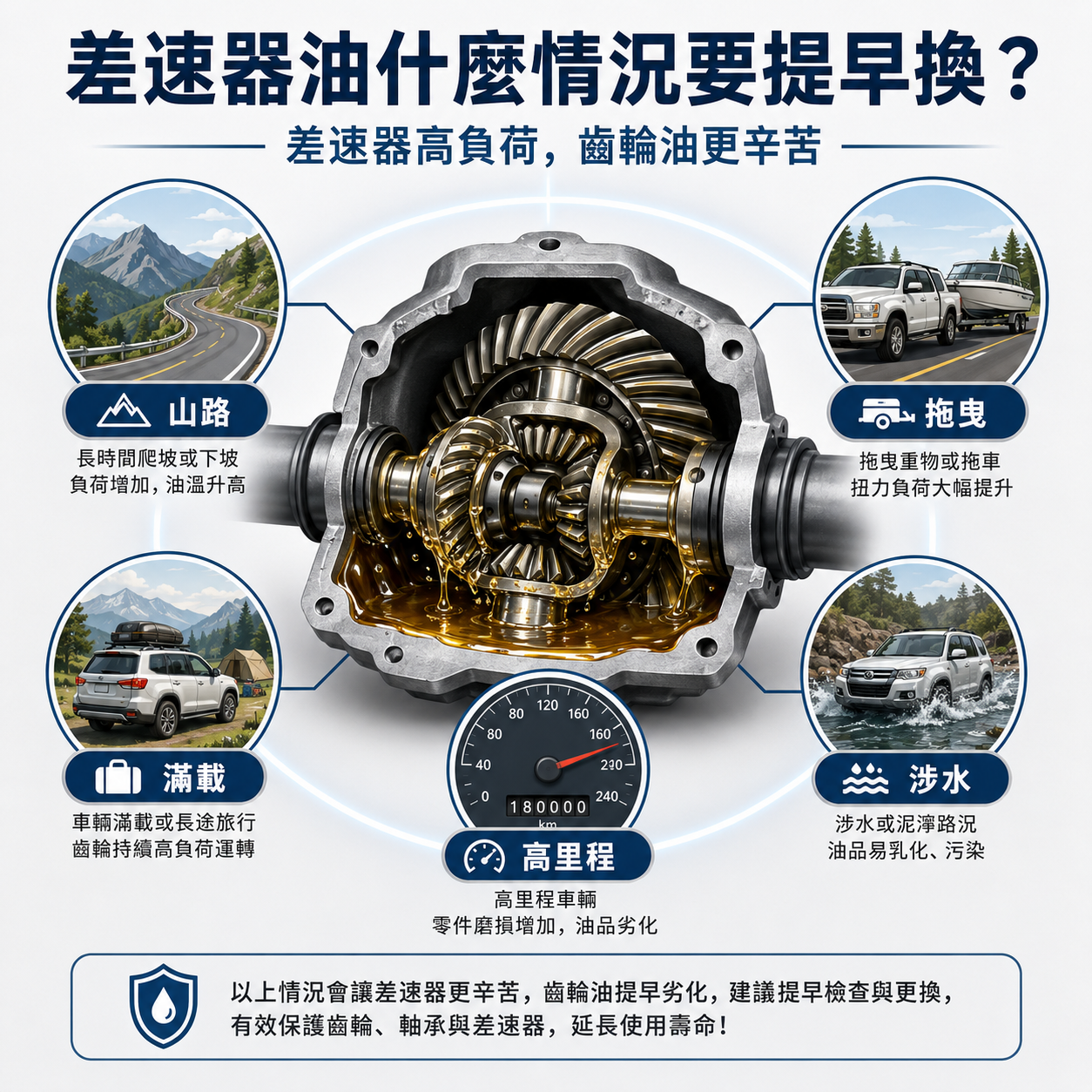 差速器油更換情境圖，說明山路、拖曳、滿載、涉水與高里程車需要提早檢查差速器油