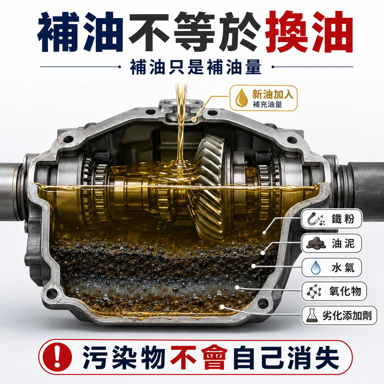 補齒輪油不等於換齒輪油示意圖，說明補油無法排出鐵粉、油泥、水氣、氧化物與劣化添加劑