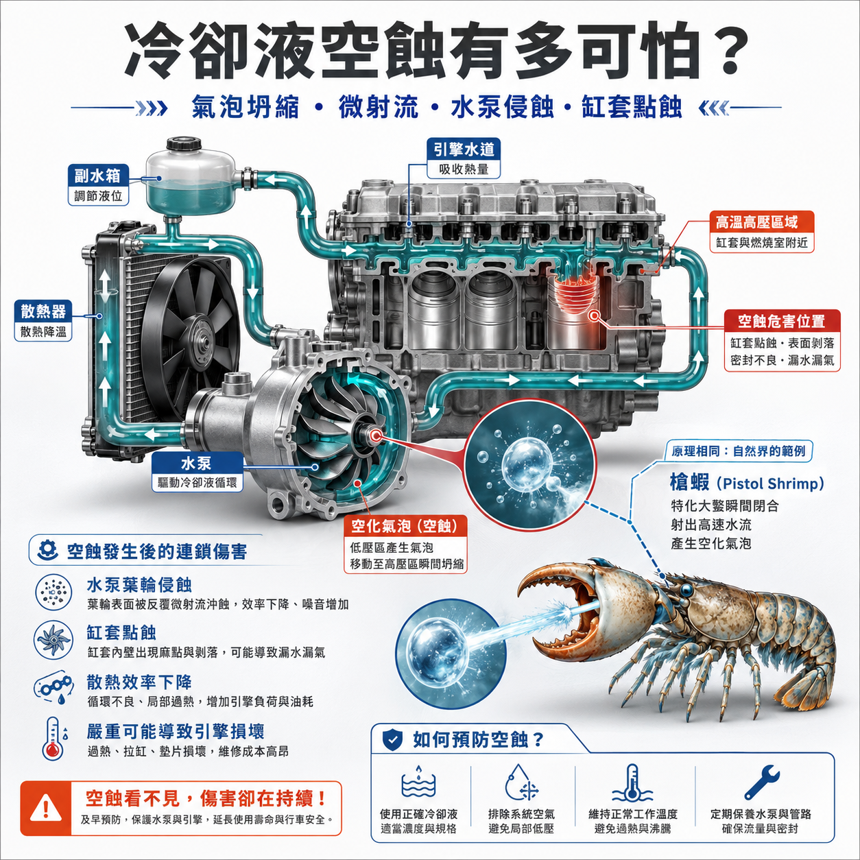 冷卻液空蝕有多可怕? 冷卻液空蝕文章首圖,呈現槍蝦空化氣泡、水泵葉輪與冷卻系統金屬侵蝕的關係