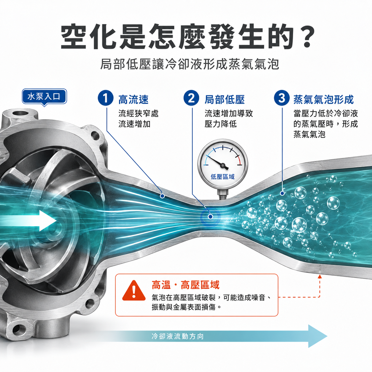 空化是怎麼發生的? 空化原理示意圖,說明冷卻液在水泵入口或狹窄水道中因局部低壓形成蒸氣氣泡