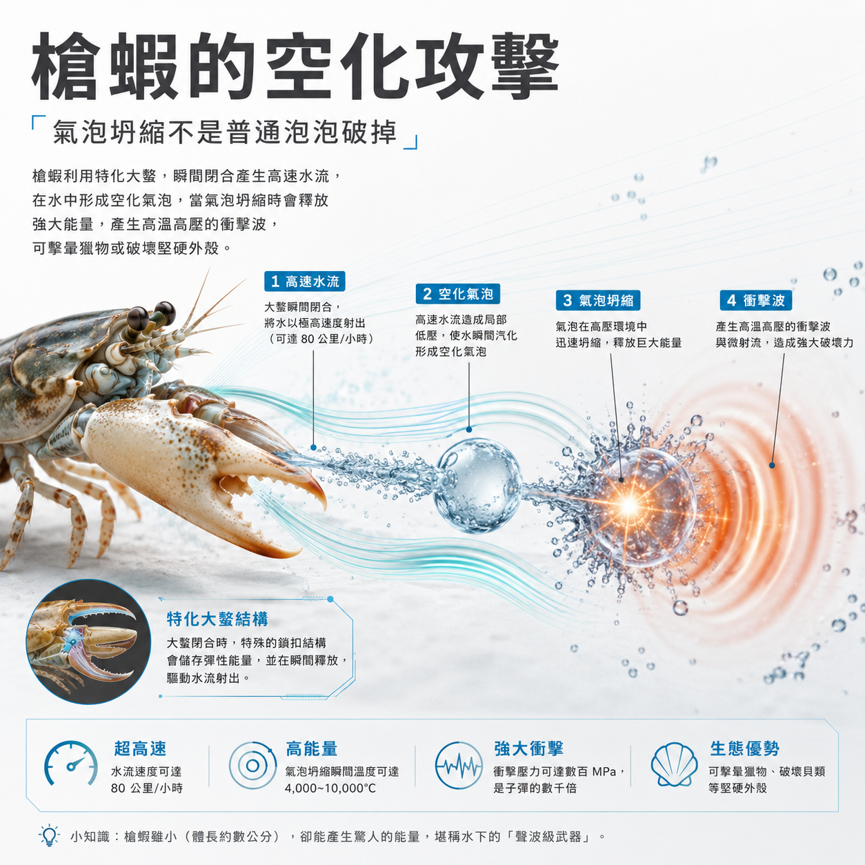 槍蝦的空化攻擊 槍蝦利用特化大螯產生高速水流與空化氣泡,氣泡坍縮後產生衝擊波震暈獵物