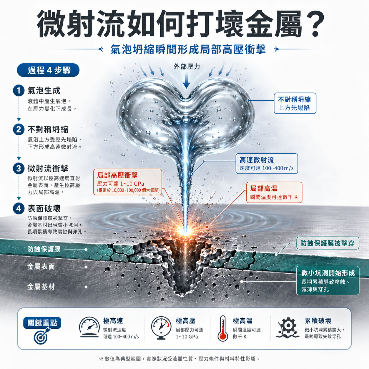 微射流如何打壞金屬? 空化氣泡在金屬表面附近不對稱坍縮,形成高速微射流並造成保護膜破壞與金屬坑蝕