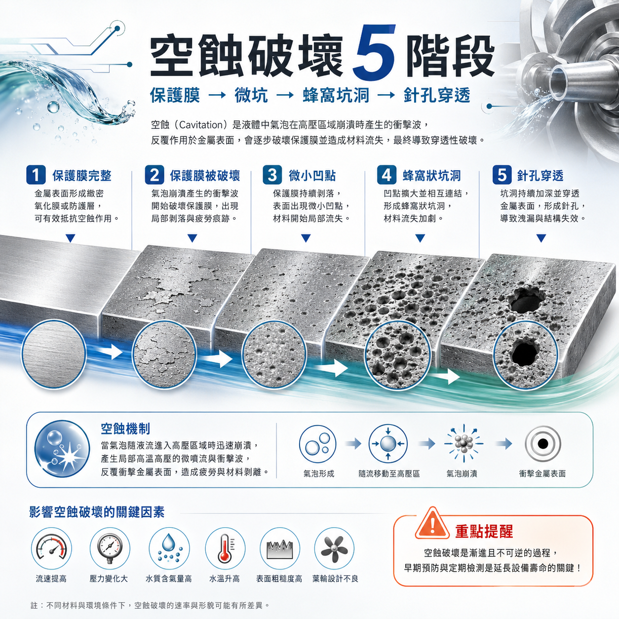空蝕破壞 5 階段 空蝕破壞五階段示意圖,呈現金屬表面從保護膜完整、微坑、蜂窩坑洞到針孔穿透的過程