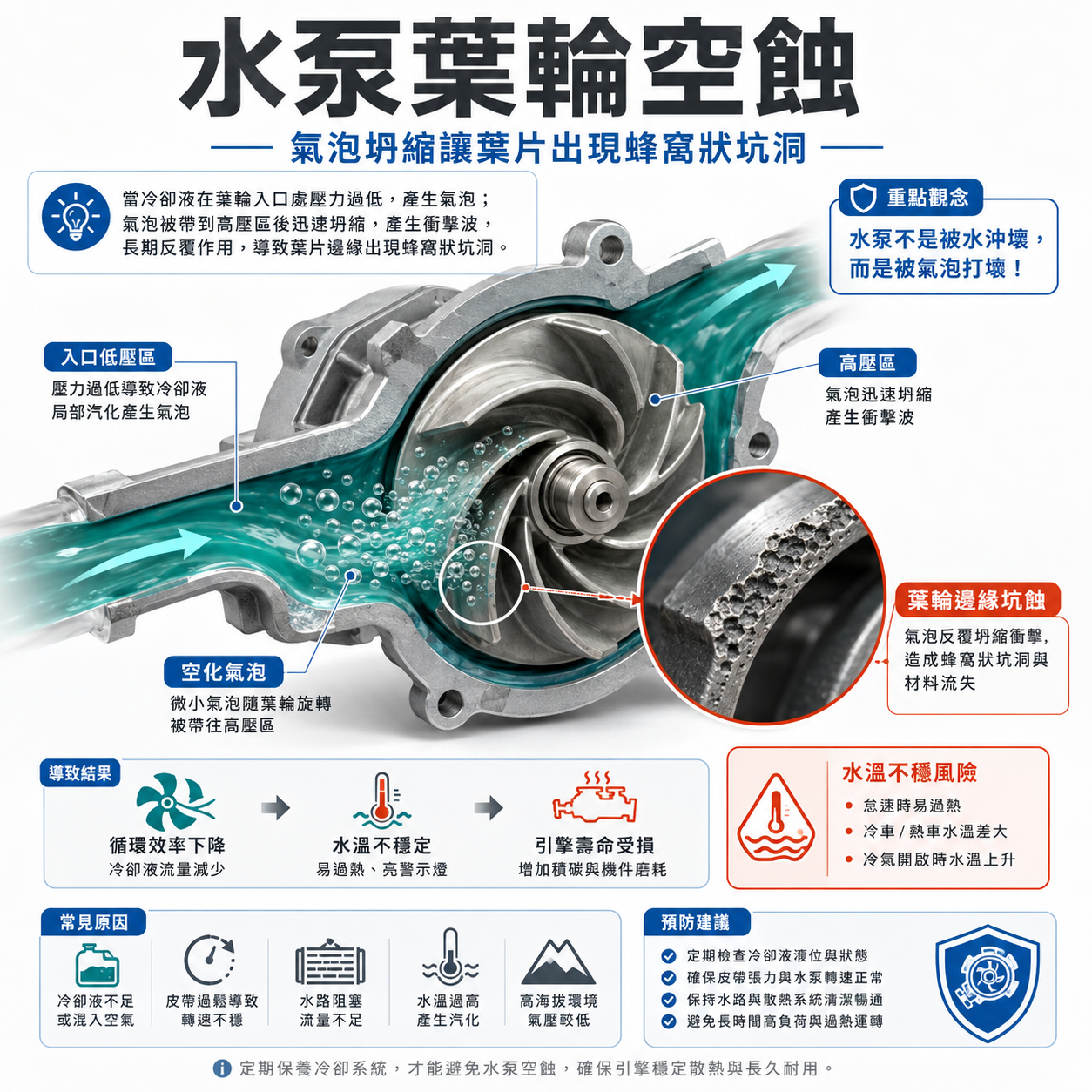 水泵葉輪空蝕 水泵葉輪空蝕受損示意圖,顯示冷卻液氣泡坍縮造成葉片邊緣蜂窩狀坑洞與循環效率下降