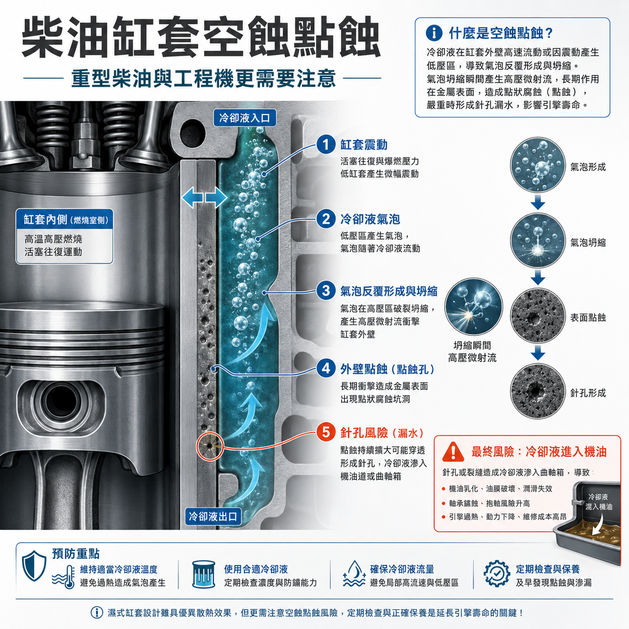 柴油缸套空蝕點蝕 柴油濕式缸套空蝕點蝕示意圖,顯示缸套外壁接觸冷卻液並因氣泡坍縮產生點蝕與針孔風險
