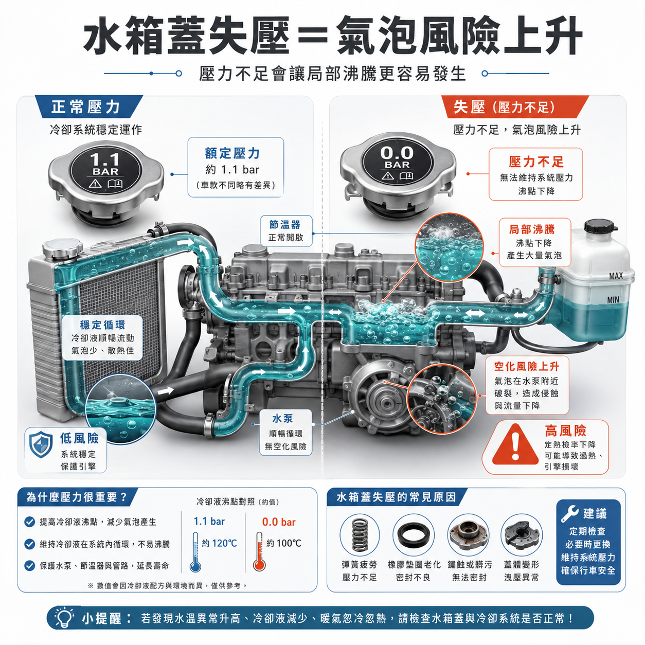水箱蓋失壓=氣泡風險上升 水箱蓋壓力與空化風險示意圖,說明冷卻系統失壓會讓局部沸騰、氣泡形成與空蝕風險增加