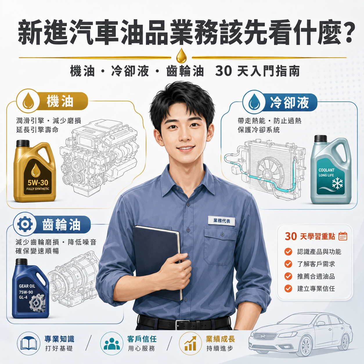新進汽車油品業務 30 天入門指南 新進汽車油品業務 30 天入門指南首圖,呈現業務新人學習機油、冷卻液與齒輪油的入門路線