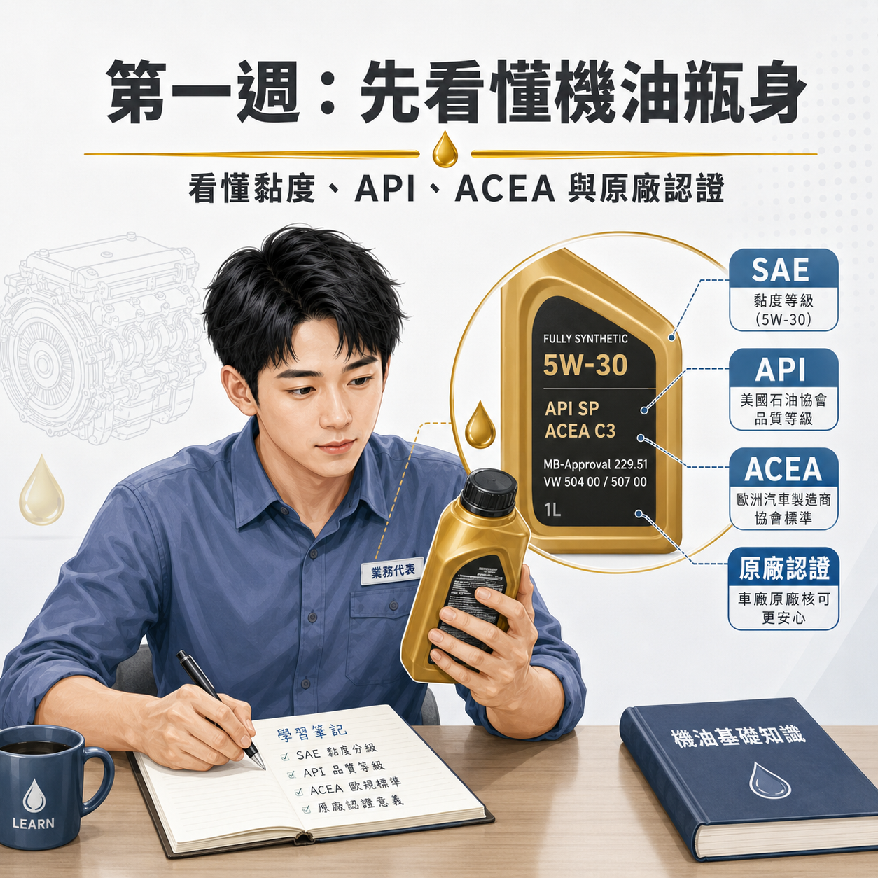 第一週:先看懂機油瓶身 新進業務學習機油瓶身標示,說明 SAE 黏度、API、ACEA 與原廠認證的判讀重點