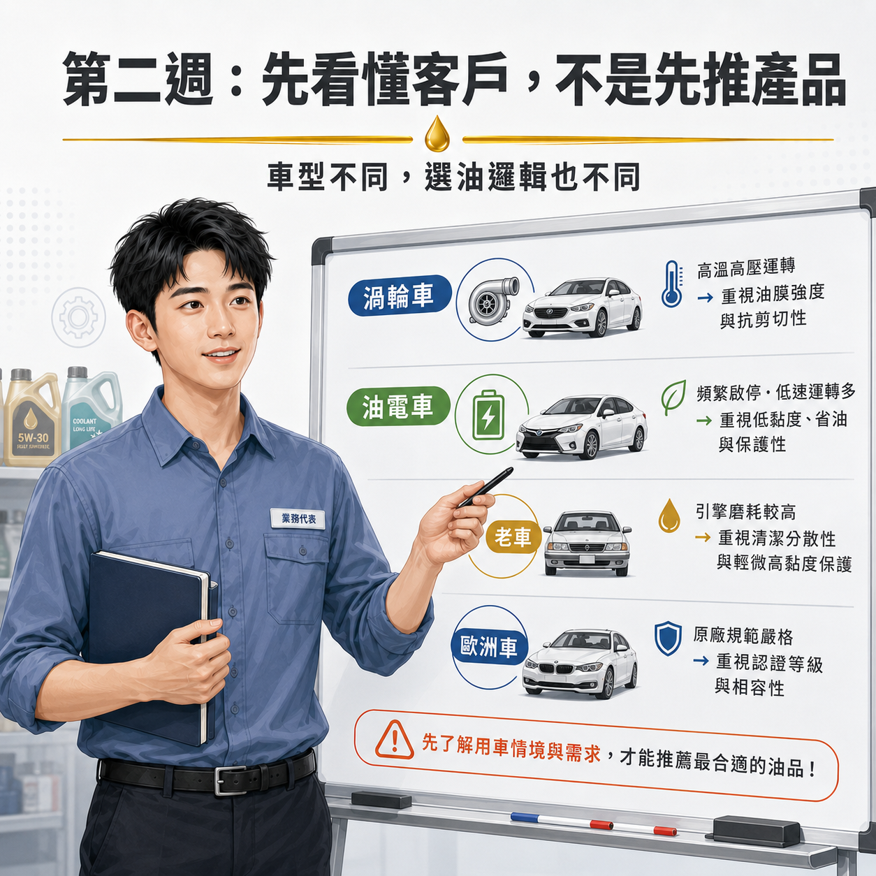 第二週:依車型與車況判斷需求 汽車油品業務依不同車型判斷選油需求,包含渦輪車、油電車、老車與歐洲車