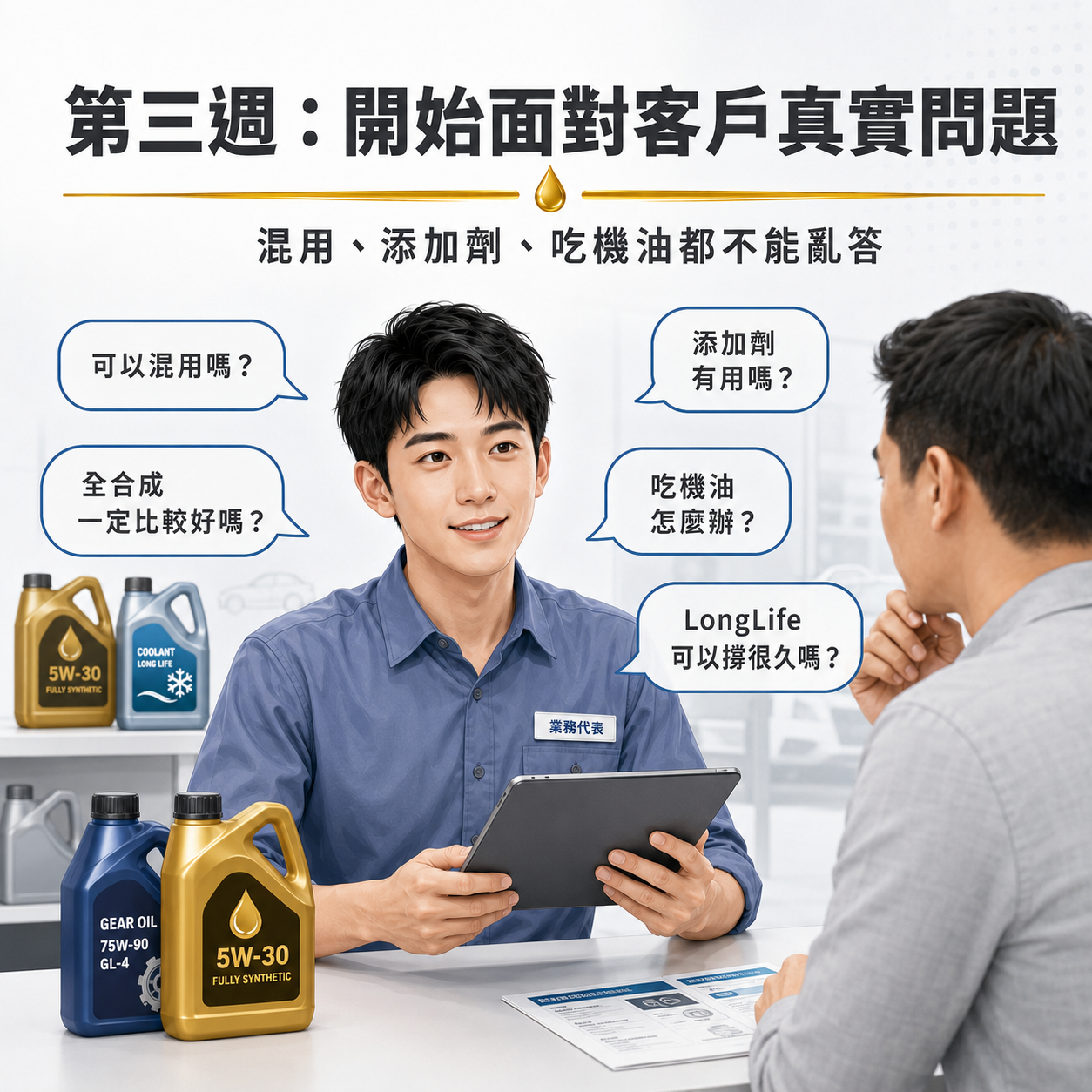 第三週:面對客戶常見問題 新進汽車油品業務面對客戶常見問題,包含機油混用、添加劑、吃機油與 LongLife 長效油