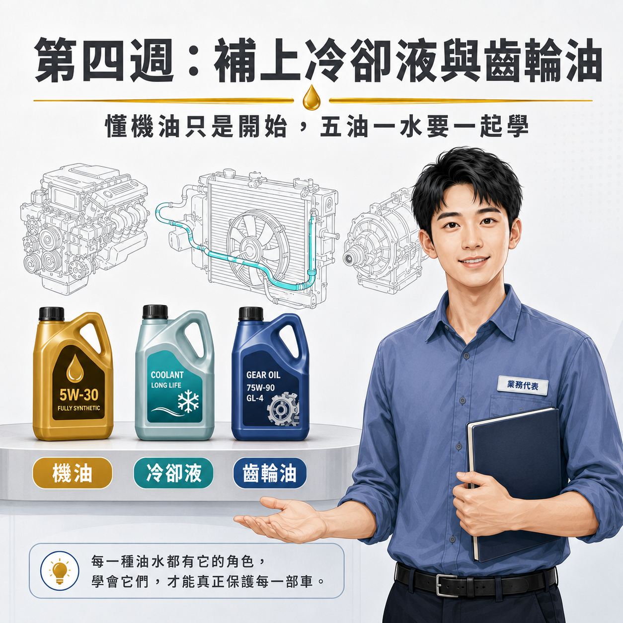 第四週:補上冷卻液與齒輪油 新進業務學習冷卻液與齒輪油基礎知識,說明五油一水保養不能只懂機油