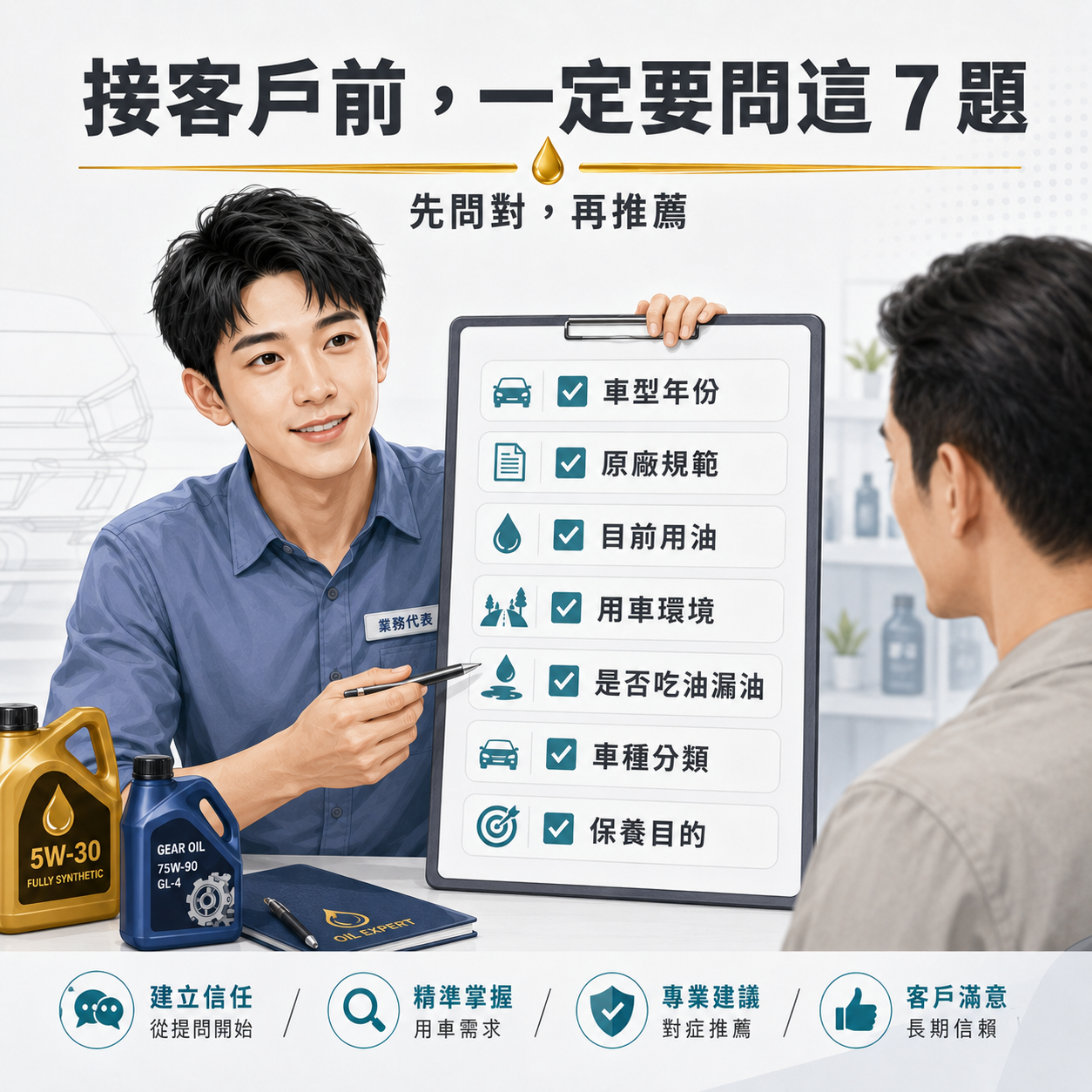 接客戶前必問的 7 個問題 汽車油品業務接客戶前必問 7 個問題,包含車型年份、原廠規範、目前用油、用車環境與保養目的