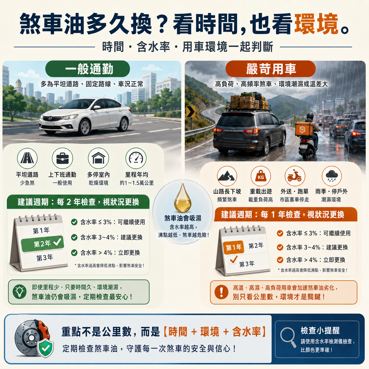 煞車油更換週期與用車環境對照圖，說明一般通勤、山路長下坡、重載、外送、雨季與停戶外對煞車油劣化的影響