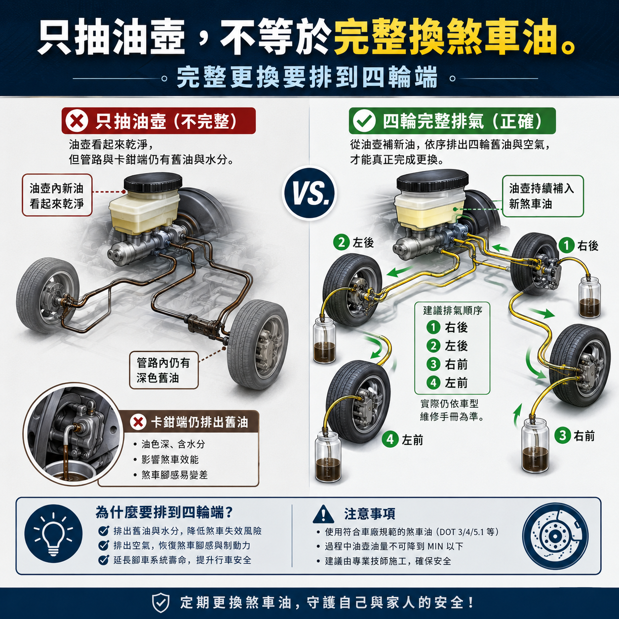 煞車油只抽油壺與四輪完整排氣比較圖，說明完整更換需從四輪卡鉗或分泵端排出舊油、水分與空氣