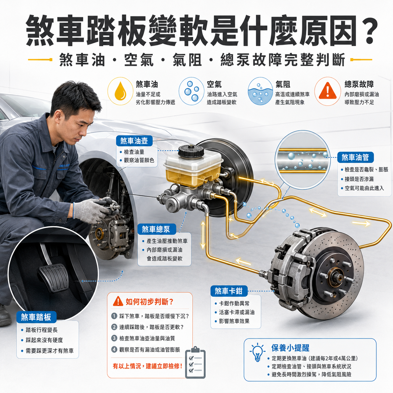 煞車踏板變軟是什麼原因？煞車油、空氣、氣阻與總泵故障完整判斷