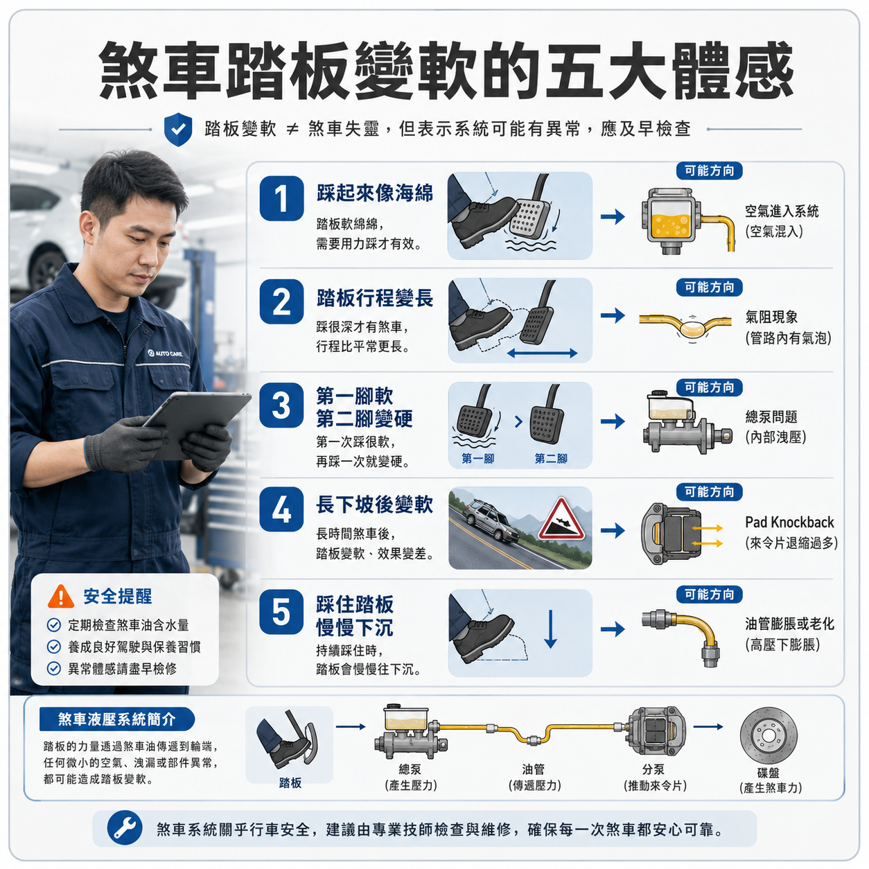 煞車踏板變軟的五大體感 汽車技師整理煞車踏板變軟的五大體感,包含踩起來像海綿、踏板行程變長、第一腳踩空、長下坡變軟與踏板慢慢下沉