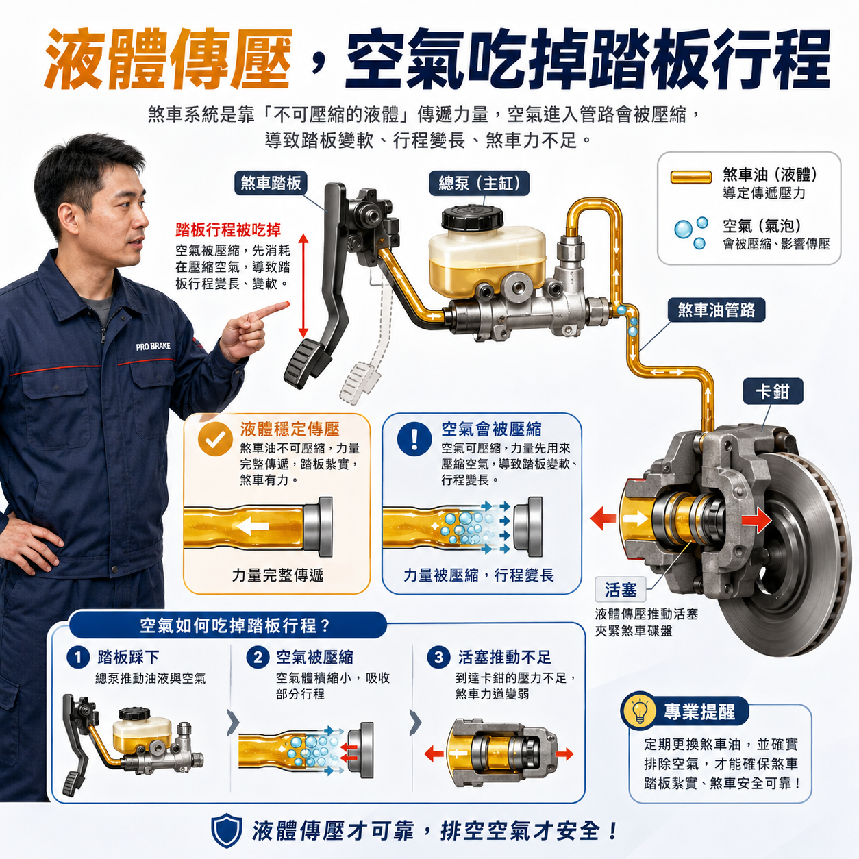 液體傳壓,空氣吃掉踏板行程 煞車液壓傳導原理圖,技師說明正常煞車油傳壓與油路空氣被壓縮造成踏板變軟、行程變長與煞車力下降的差異