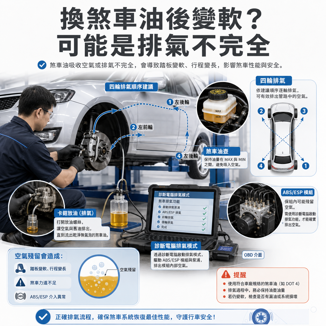 換煞車油後變軟?可能是排氣不完全 汽車技師進行煞車油排氣作業,示意四輪排氣、煞車油壺液位、ABS ESP 液壓模組與診斷電腦排氣模式的重要性