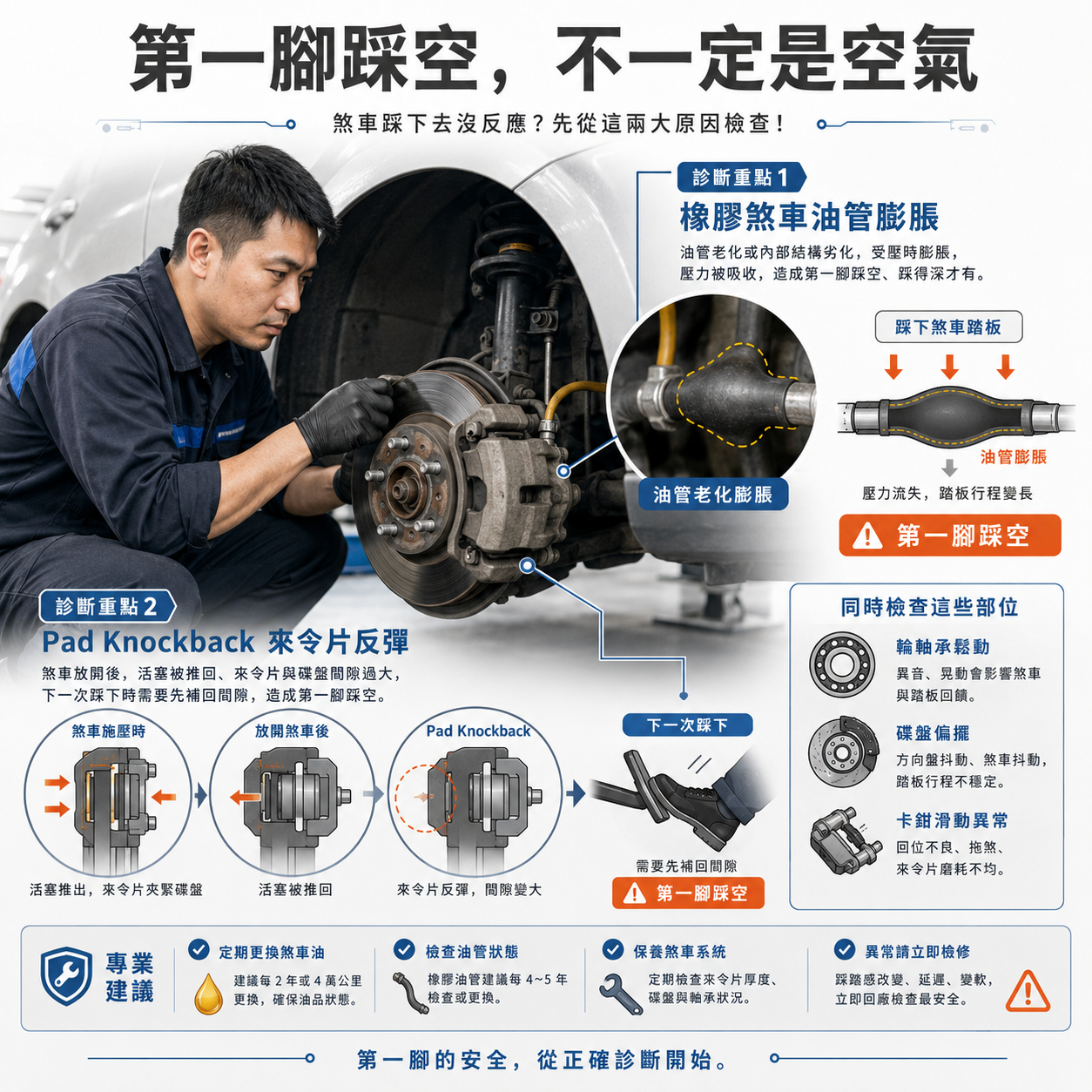 第一腳踩空,不一定是空氣 汽車技師檢查煞車卡鉗、碟盤與油管,示意橡膠煞車油管膨脹與 Pad Knockback 來令片反彈造成第一腳踩空