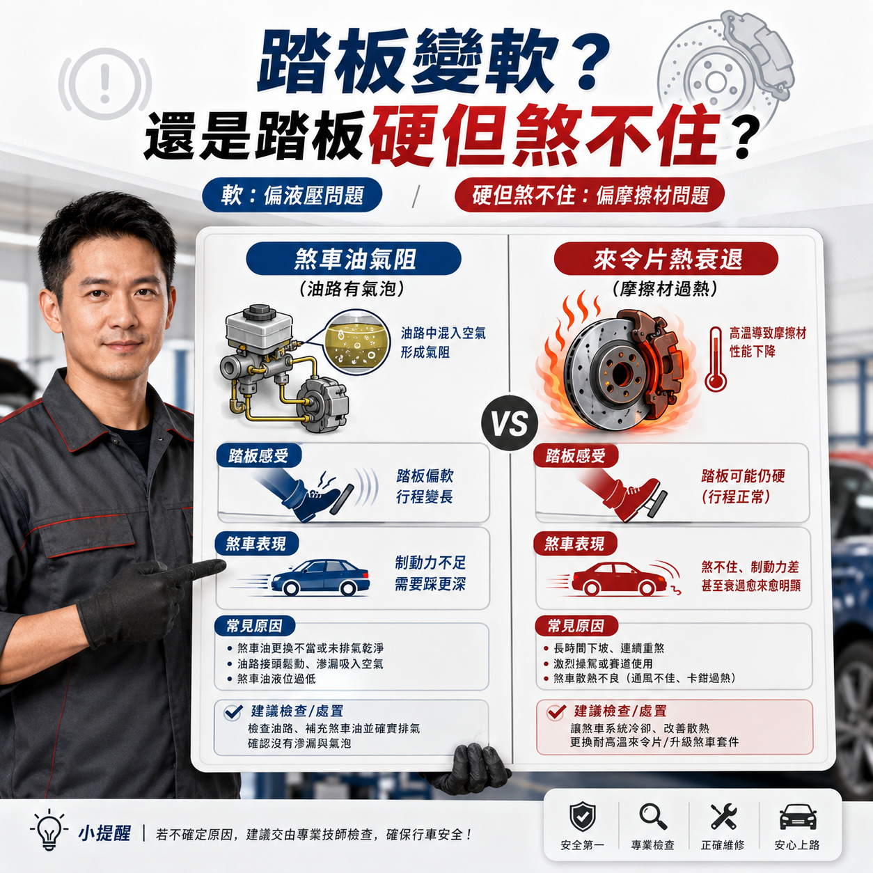 踏板變軟?還是踏板硬但煞不住? 汽車技師說明煞車油氣阻與來令片熱衰退差異,對比踏板變軟的液壓問題與踏板仍硬但煞不住的摩擦材問題