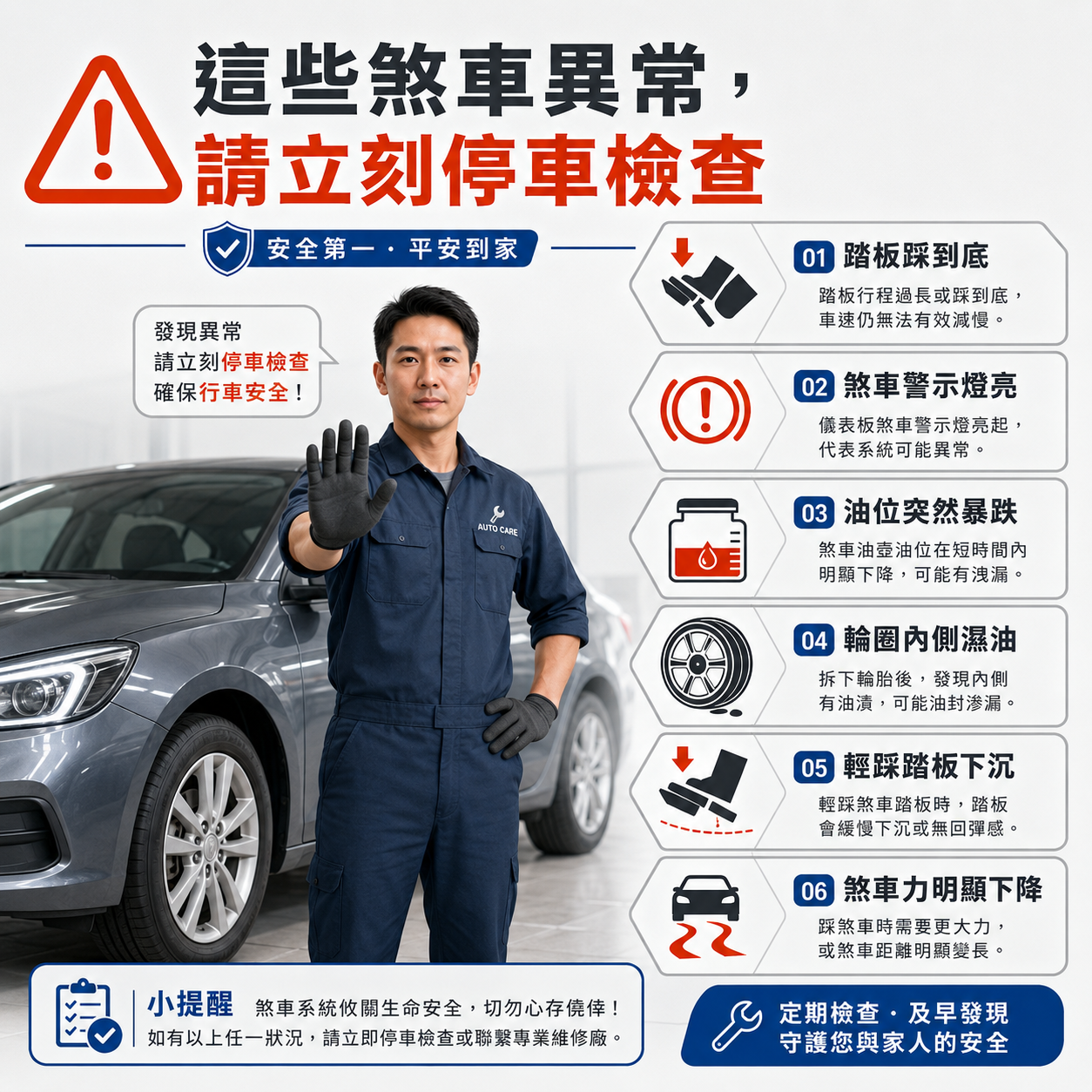 這些煞車異常,請立刻停車檢查 汽車技師提醒煞車異常需立刻停車檢查,包含踏板踩到底、煞車警示燈亮、油位暴跌、輪圈濕油、輕踩踏板下沉與煞車力下降