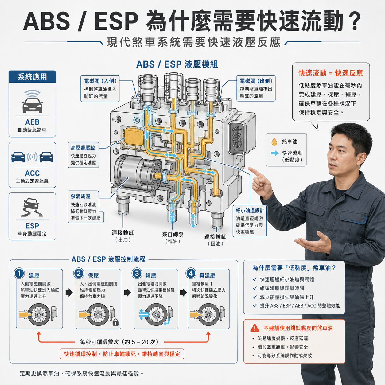 ABS / ESP 為什麼需要快速流動? ABS / ESP 液壓模組示意圖,說明低黏度煞車油如何通過電磁閥、泵浦與細小油道,支援 ABS、ESP、AEB、ACC 的快速建壓、保壓、釋壓與再建壓