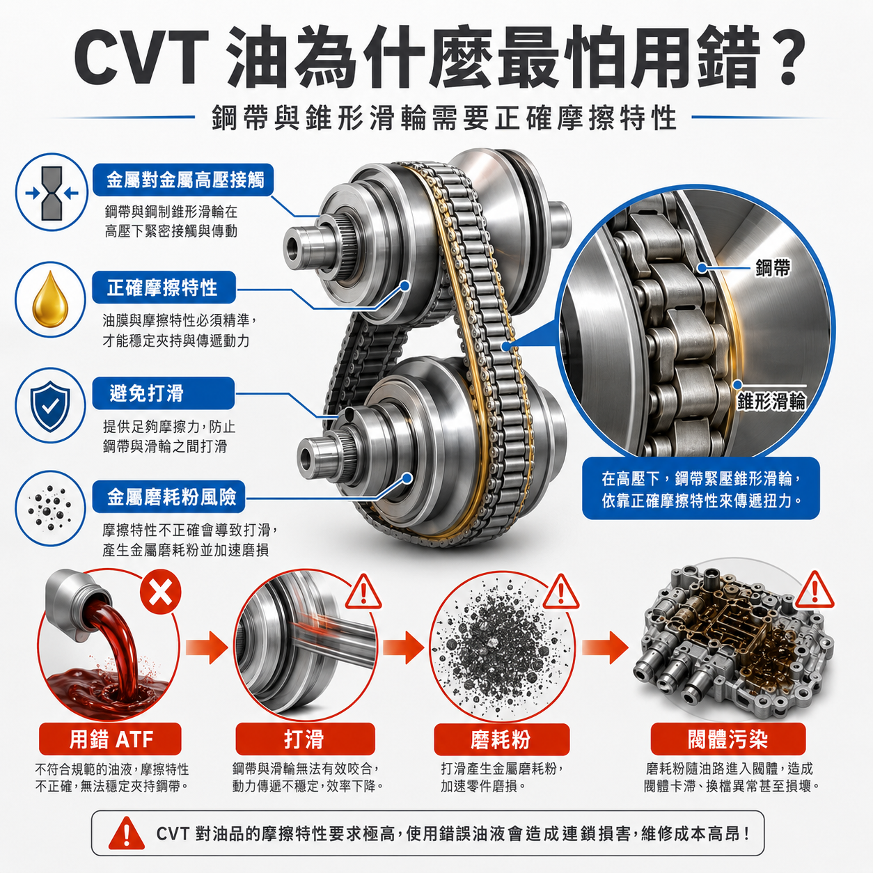 CVT 油為什麼最怕用錯? CVT 變速箱油功能示意圖,呈現鋼帶與錐形滑輪金屬對金屬高壓接觸,說明 CVT 油摩擦特性錯誤可能造成打滑、金屬磨耗粉與閥體污染風險