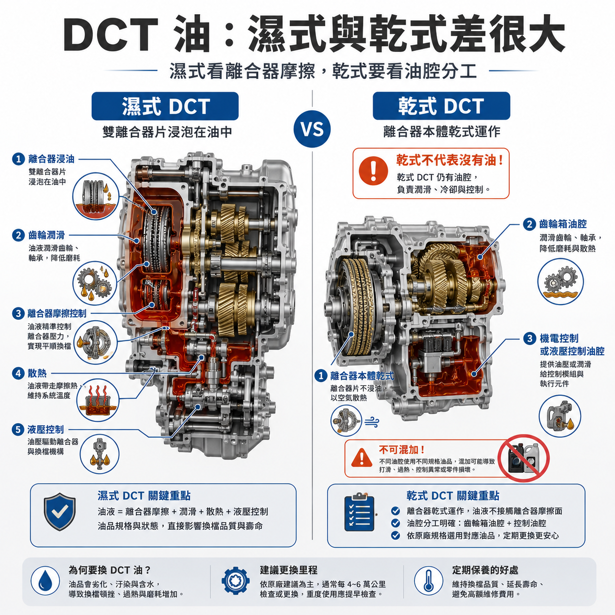 DCT 油:濕式與乾式差很大 DCT 雙離合器油品差異示意圖,說明濕式 DCT 需要油液照顧離合器摩擦、齒輪潤滑、散熱與液壓控制,乾式 DCT 仍可能有齒輪箱油與機電控制液壓油腔,不能混加