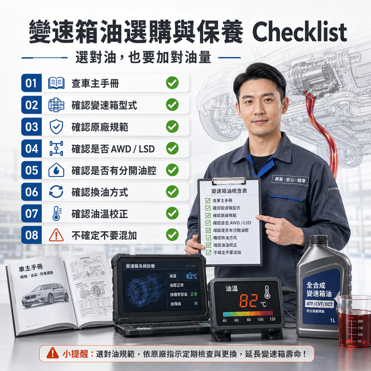 變速箱油選購與保養 Checklist 變速箱油選購與保養 Checklist 圖,整理查車主手冊、確認變速箱型式、原廠規範、是否 AWD / LSD、是否有分開油腔、換油方式、油溫校正與不確定不要混加等重點