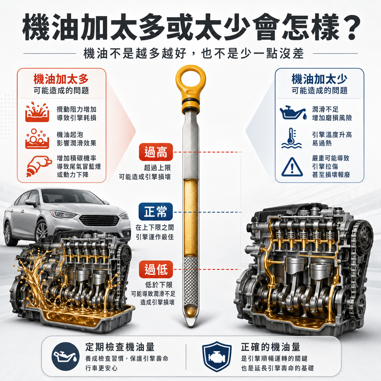 機油尺顯示油位過高、正常與過低區間，搭配引擎剖面與機油流動示意，說明機油加太多或太少都可能影響引擎潤滑與保護。