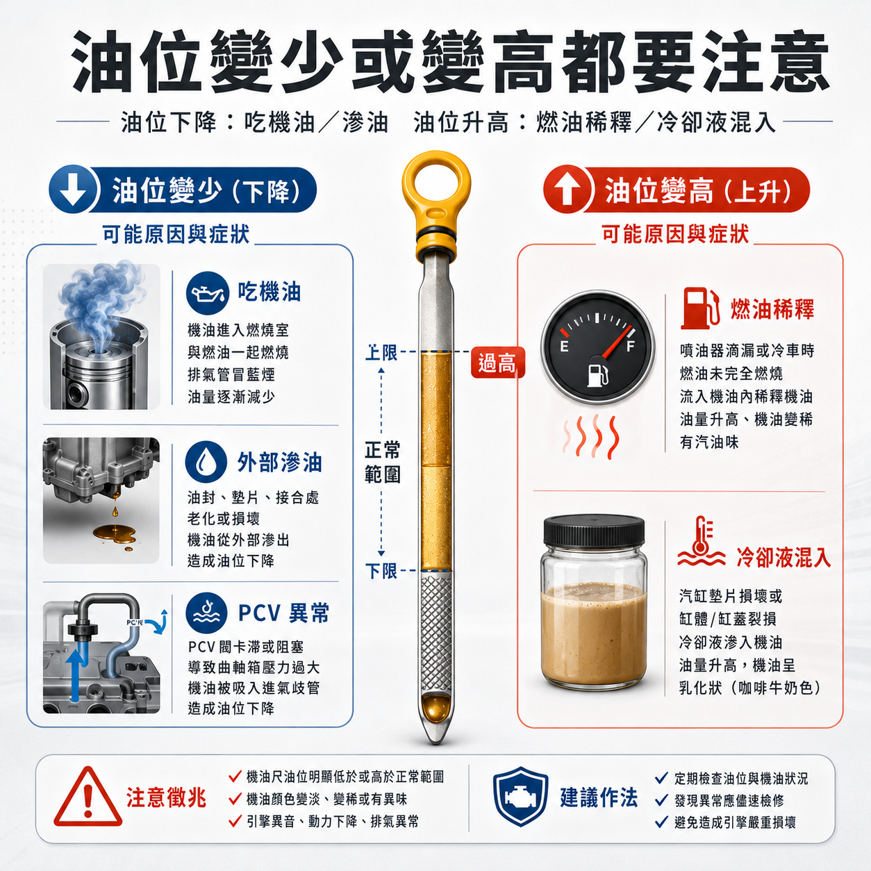 油位異常判斷圖，左側說明油位下降可能與吃機油、外部滲油或 PCV 異常有關，右側說明油位升高可能與燃油稀釋或冷卻液混入有關。