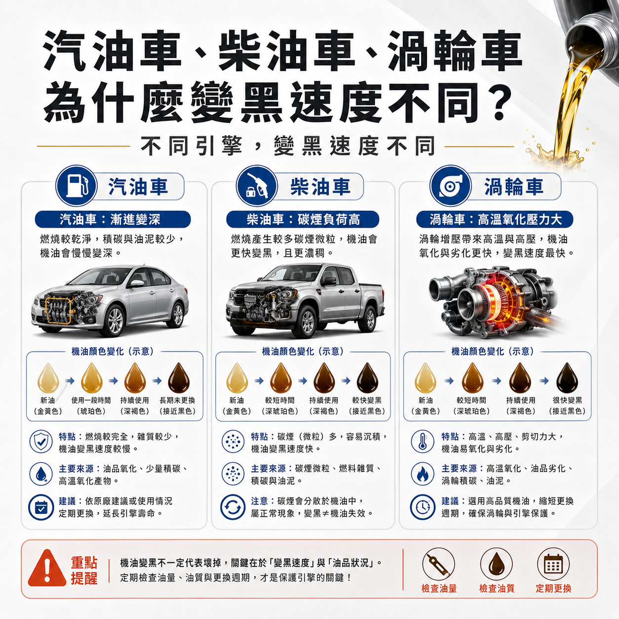 不同引擎,機油變黑速度不同