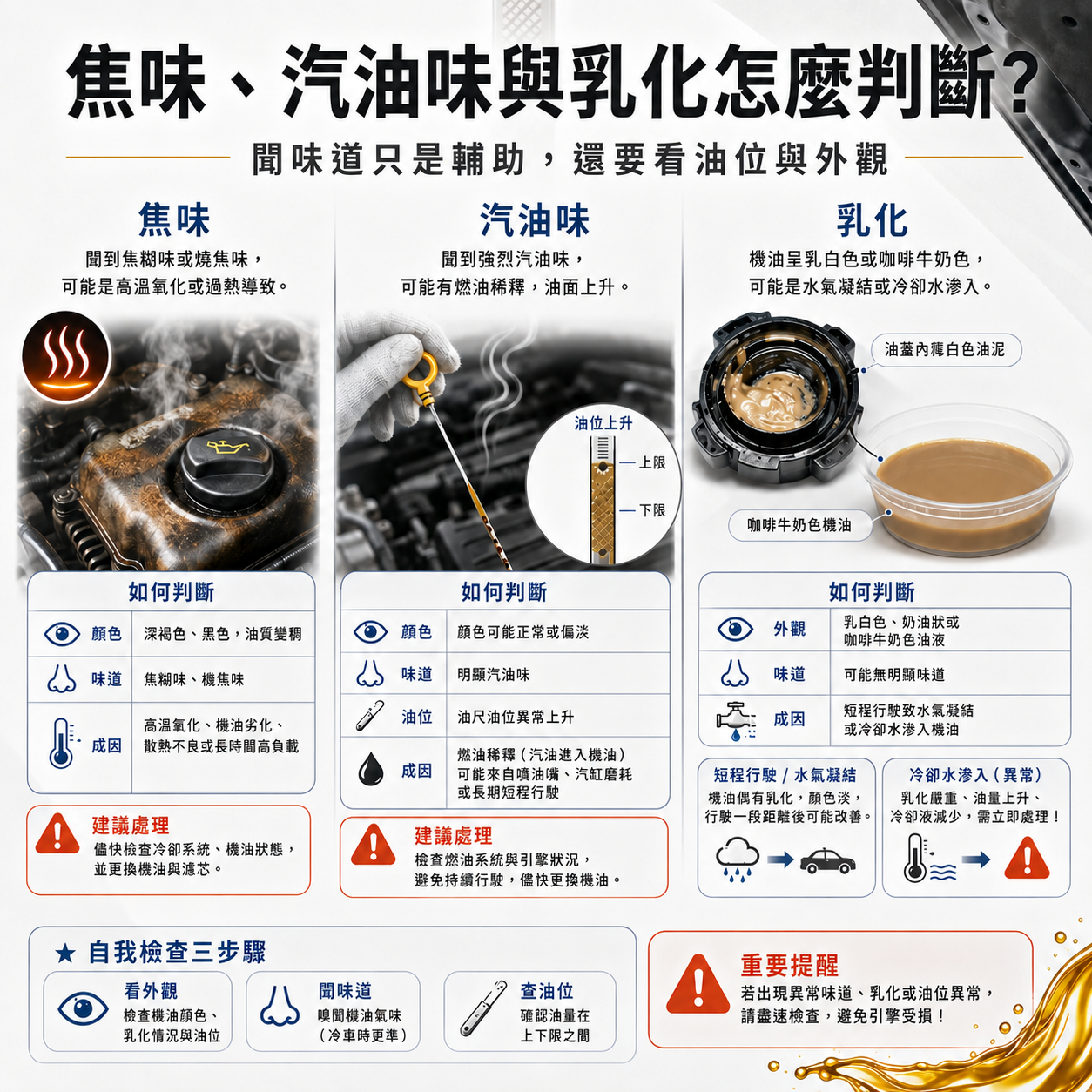 焦味、汽油味與乳化怎麼判斷?