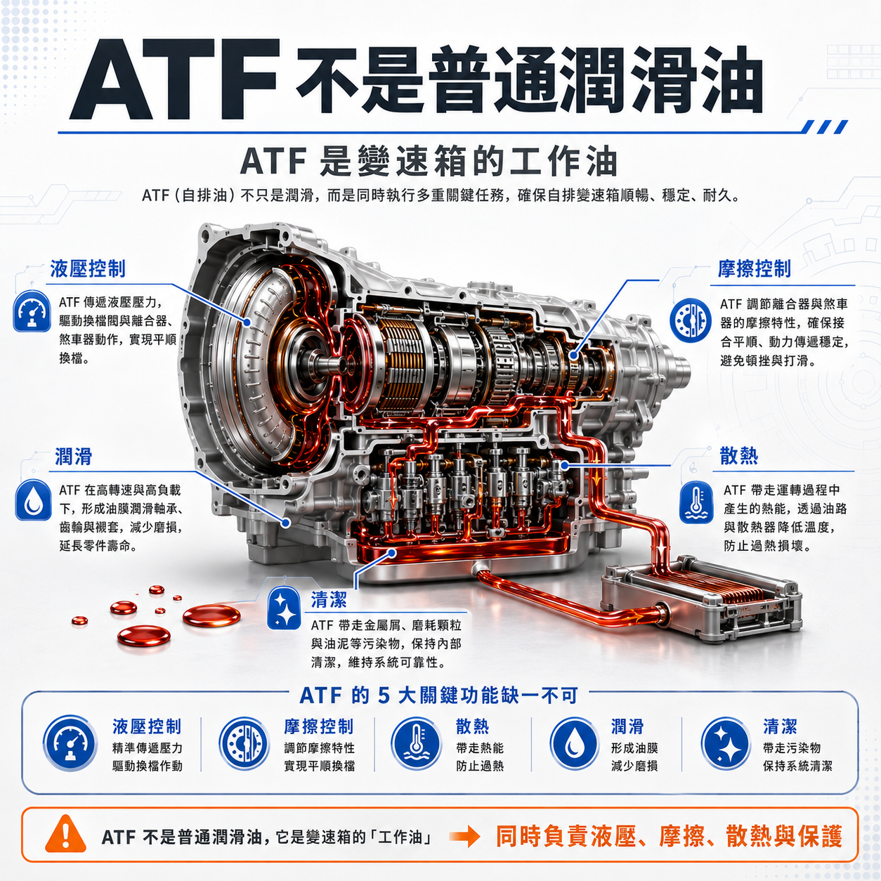 ATF 不是普通潤滑油 自排變速箱內部 ATF 功能示意圖,顯示 ATF 同時負責液壓控制、摩擦控制、散熱、潤滑與清潔,是變速箱的工作油而不只是普通潤滑油。