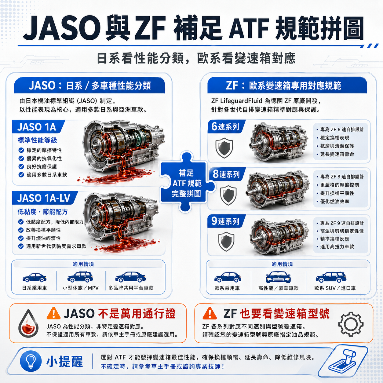 JASO 與 ZF 補足 ATF 規範拼圖 JASO 1A、JASO 1A-LV 與 ZF LifeguardFluid 規範示意圖,說明日系多車型 ATF 的性能分類與歐系 ZF 自排變速箱油品對應邏輯。