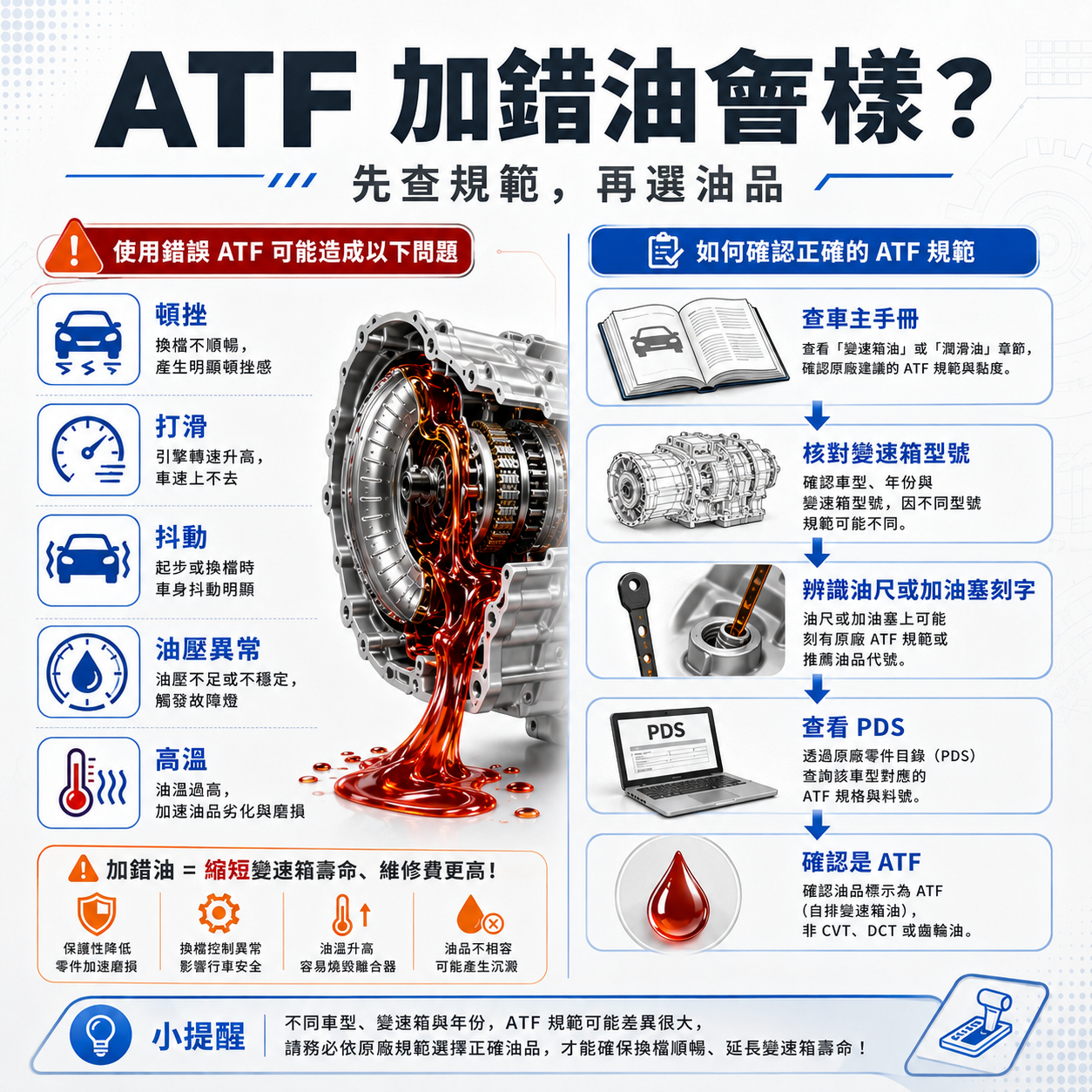 ATF 加錯油會怎樣? ATF 加錯油風險與查規範流程圖,列出頓挫、打滑、抖動、油壓異常與高溫等症狀,並提醒車主依車主手冊、變速箱型號、油尺標示與 PDS 確認正確 ATF 規範。