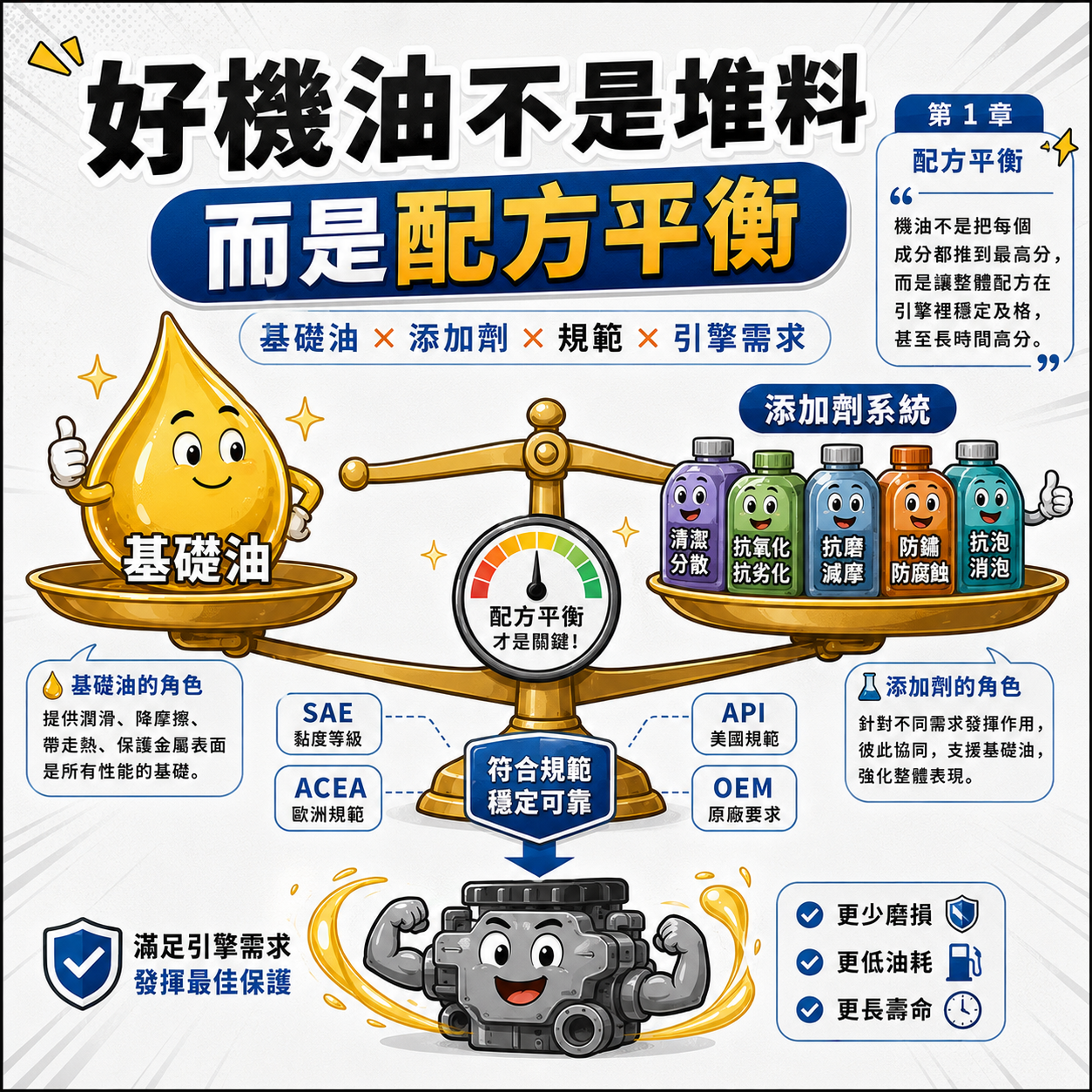 好機油不是堆料,而是配方平衡 天秤示意基礎油、添加劑、SAE、API、ACEA 與引擎需求之間的平衡,說明好機油不是堆料