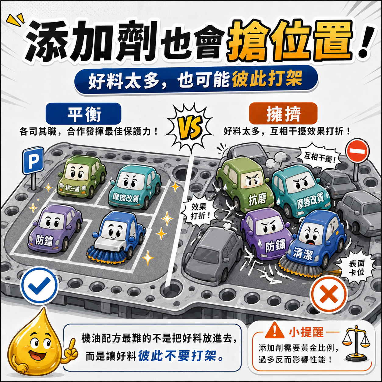 添加劑也會搶位置,好料太多可能彼此打架 以停車場比喻添加劑在金屬表面卡位,對比配方平衡與添加劑過度擁擠造成相互干擾