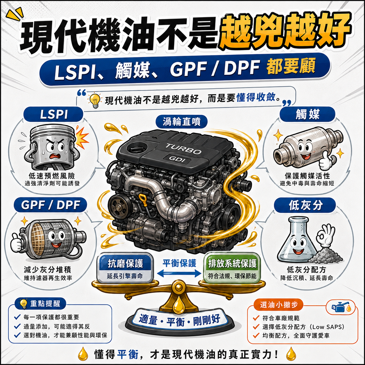 現代機油不是越兇越好 渦輪直噴引擎、LSPI、觸媒、GPF、DPF 與低灰分平衡示意圖,說明現代機油不能只追求強烈抗磨