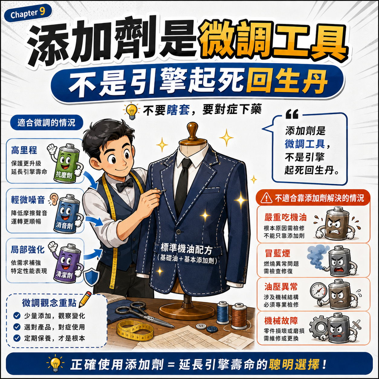 添加劑是微調工具,不是起死回生丹 以裁縫微調西裝比喻外加型機油添加劑,說明添加劑可輔助高里程與輕微噪音,但不能取代維修
