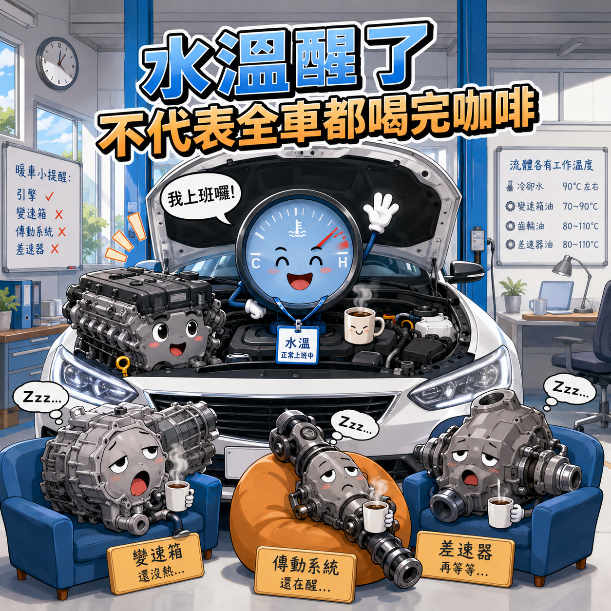 水溫醒了,全車還沒 水溫正常不代表機油與變速箱油都已達到正常工作溫度