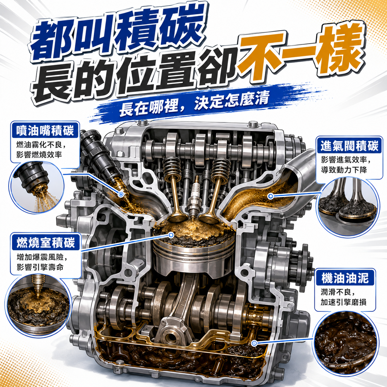 大家都叫它積碳,其實位置與成因並不相同 引擎剖面標示噴油嘴、進氣閥、燃燒室沉積物與機油油泥的差異