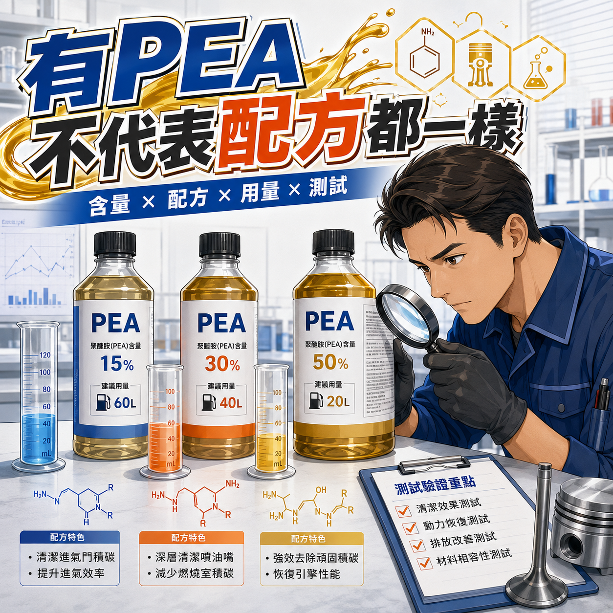 都寫PEA,效果就一定相同? 多款含PEA汽油精具有不同含量、配方及建議用量的科普漫畫