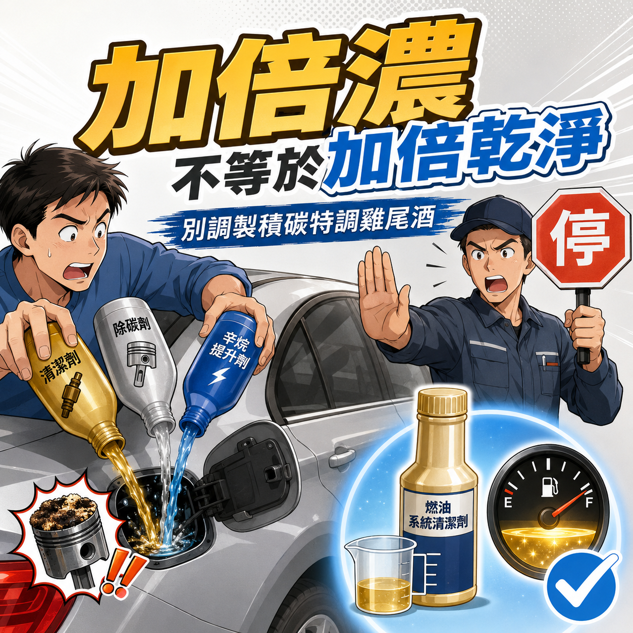 汽油精不是加倍濃就加倍乾淨 車主想混合多瓶汽油精,技師提醒依產品標示及燃油量使用