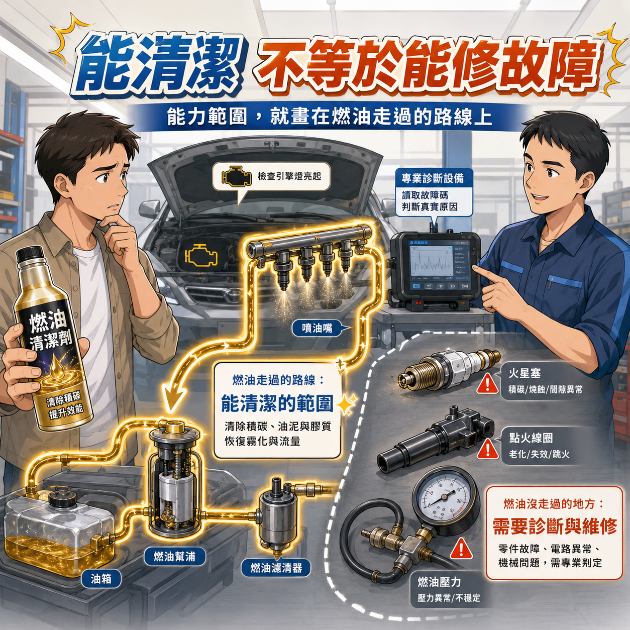 汽油精能清沉積物,不能修理壞掉的零件 引擎故障燈亮起時技師進行專業診斷,說明汽油精不能修復故障零件