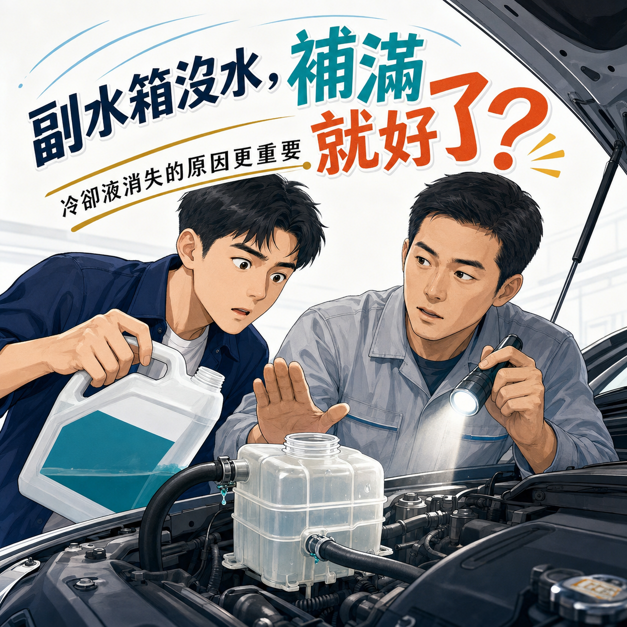 車主準備向空的冷卻液副水箱補充水箱精，技師提醒應先檢查冷卻系統漏水原因