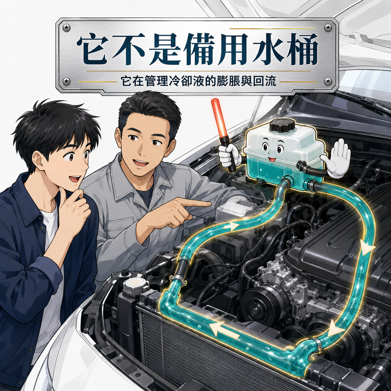 日系漫畫風格呈現冷卻液隨引擎溫度在散熱器與副水箱之間膨脹回流