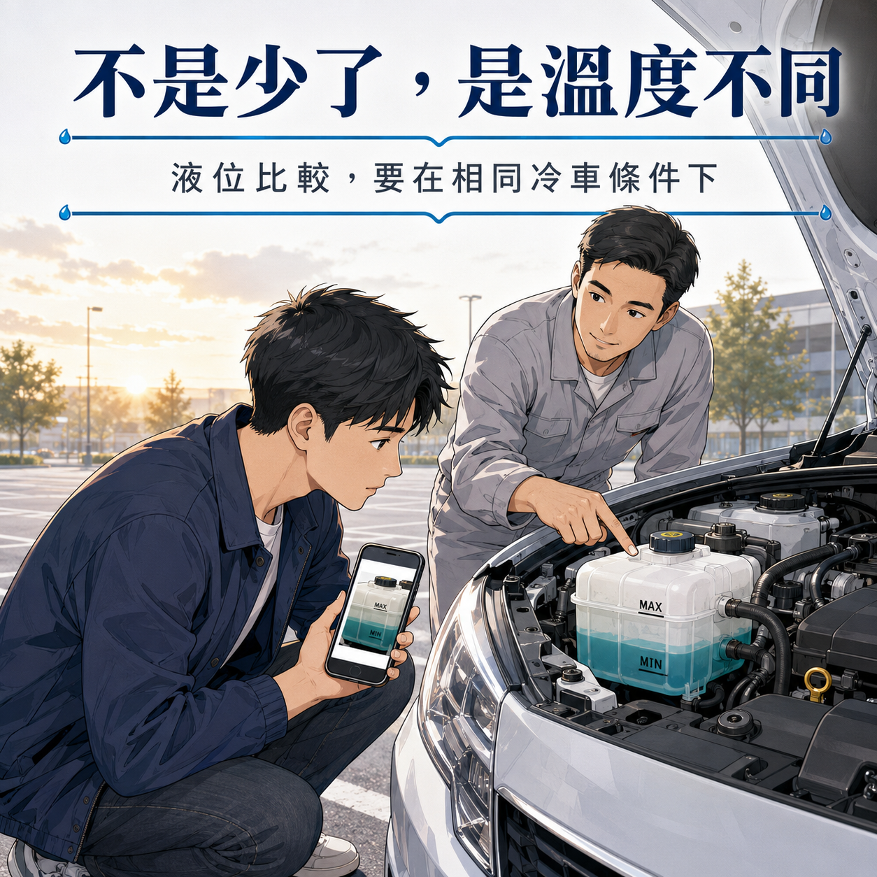 車主在隔夜冷車狀態檢查副水箱刻度，說明冷卻液會因熱脹冷縮改變液位
