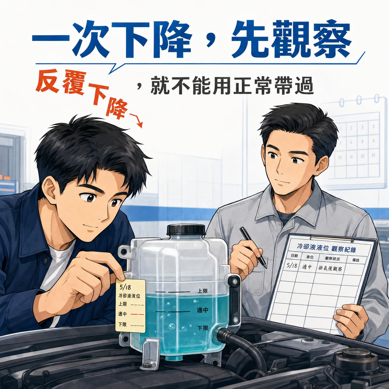 技師與車主記錄冷車時副水箱液位，判斷是維修後排氣還是持續漏水