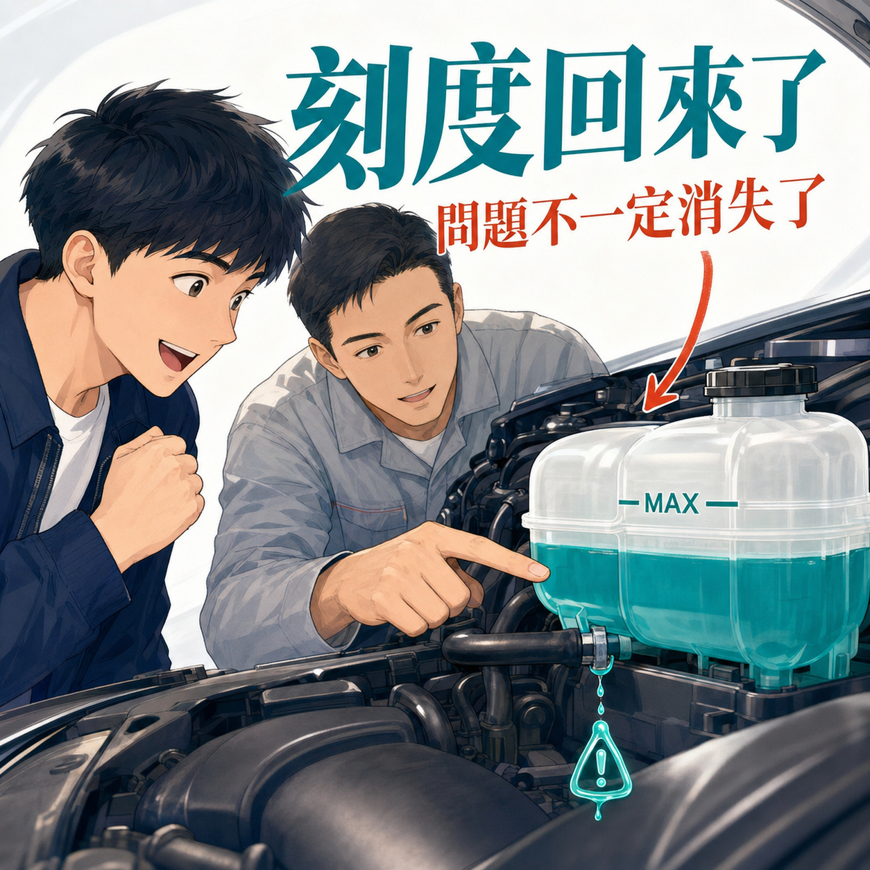 副水箱已補到MAX刻度但水管仍在滲漏，提醒補充冷卻液不等於排除故障
